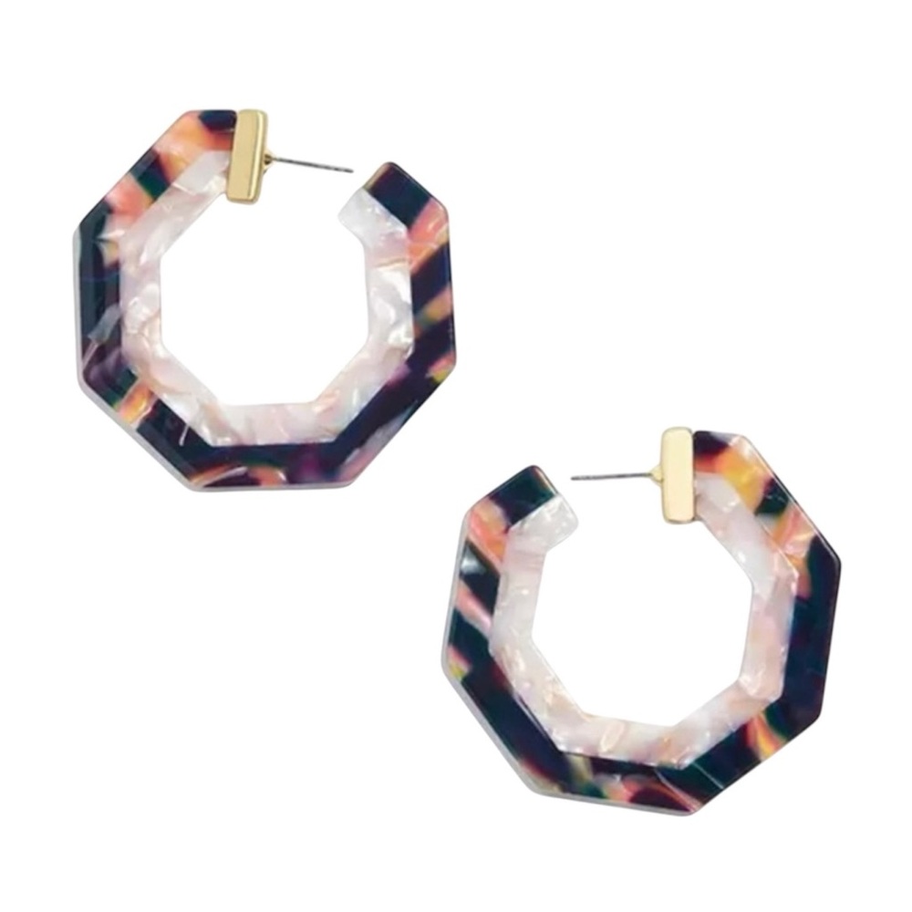 BAUBLEBAR “Deidre” Resin Hoop Earrings, White/Navy Multi NEW BNIP